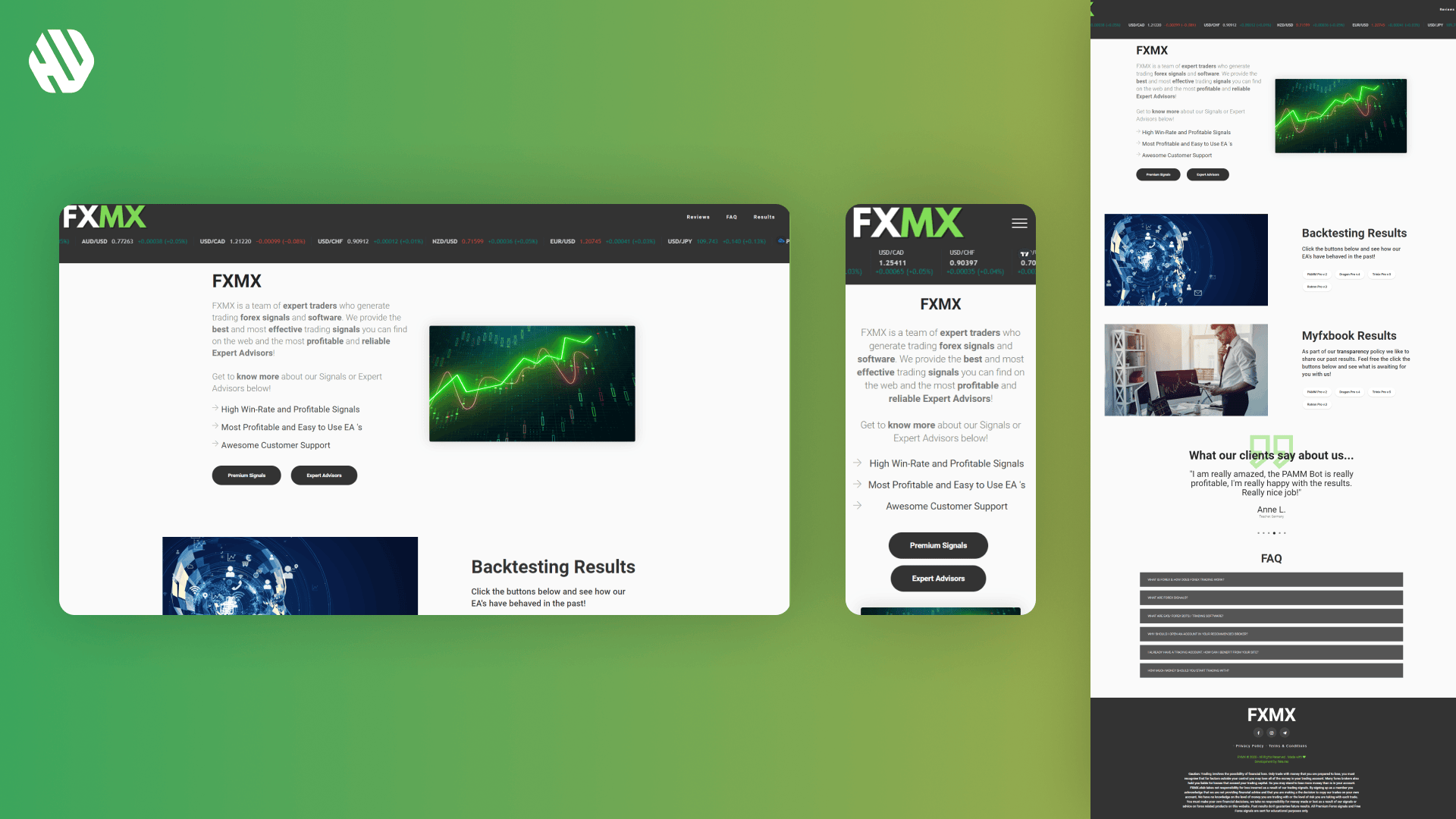 FXMX brand website layout on various devices with green and black color scheme.